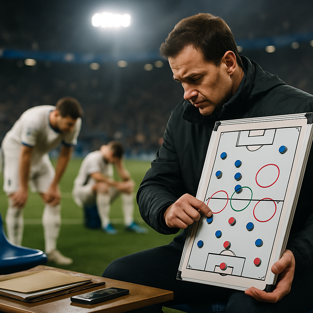 A football coach studies a tactics board after a tense match, highlighting defensive gaps
