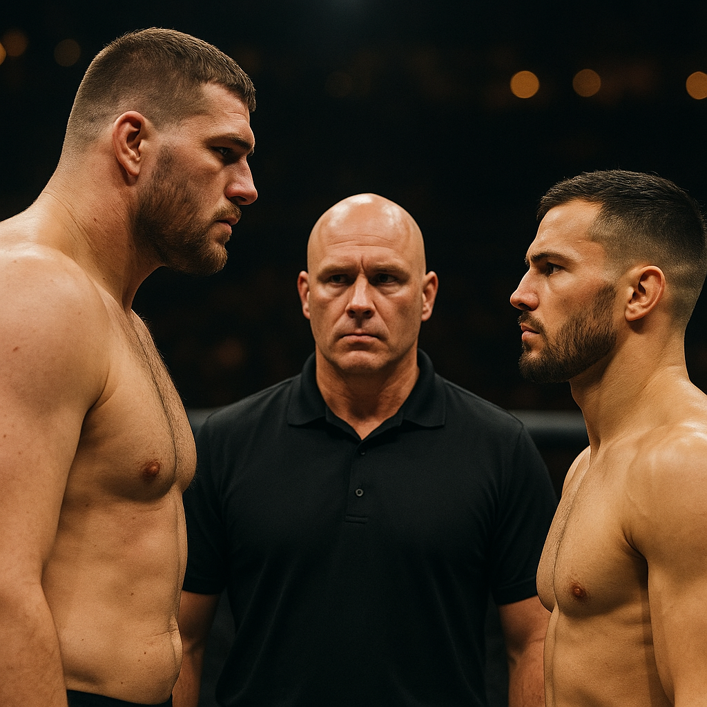Two UFC fighters with contrasting builds face off inside an Abu Dhabi Octagon, reflecting