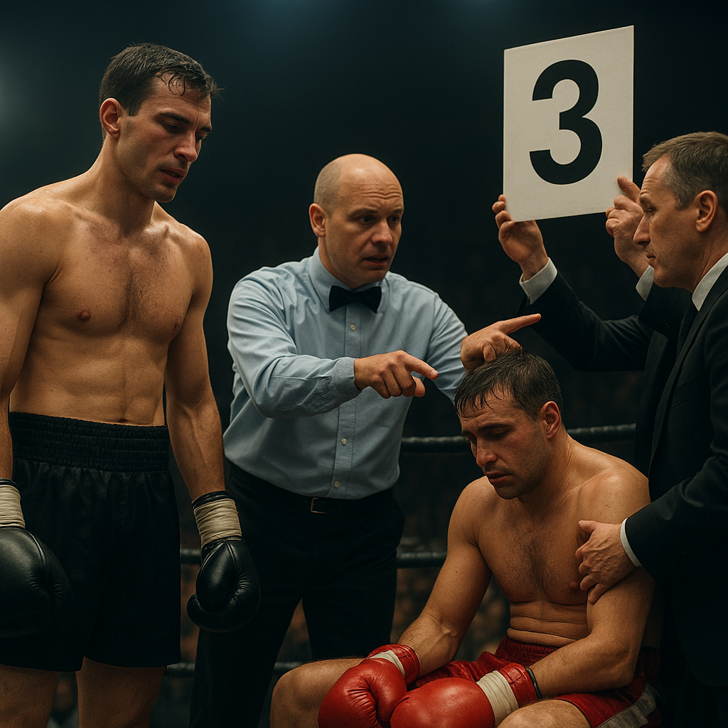 Two exhausted boxers face a referee and ringside judge with a scorecard after a