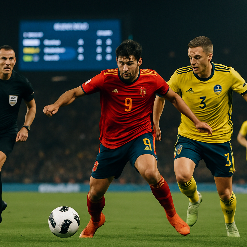 Players from two national football teams compete under stadium lights as a blurred scoreboard