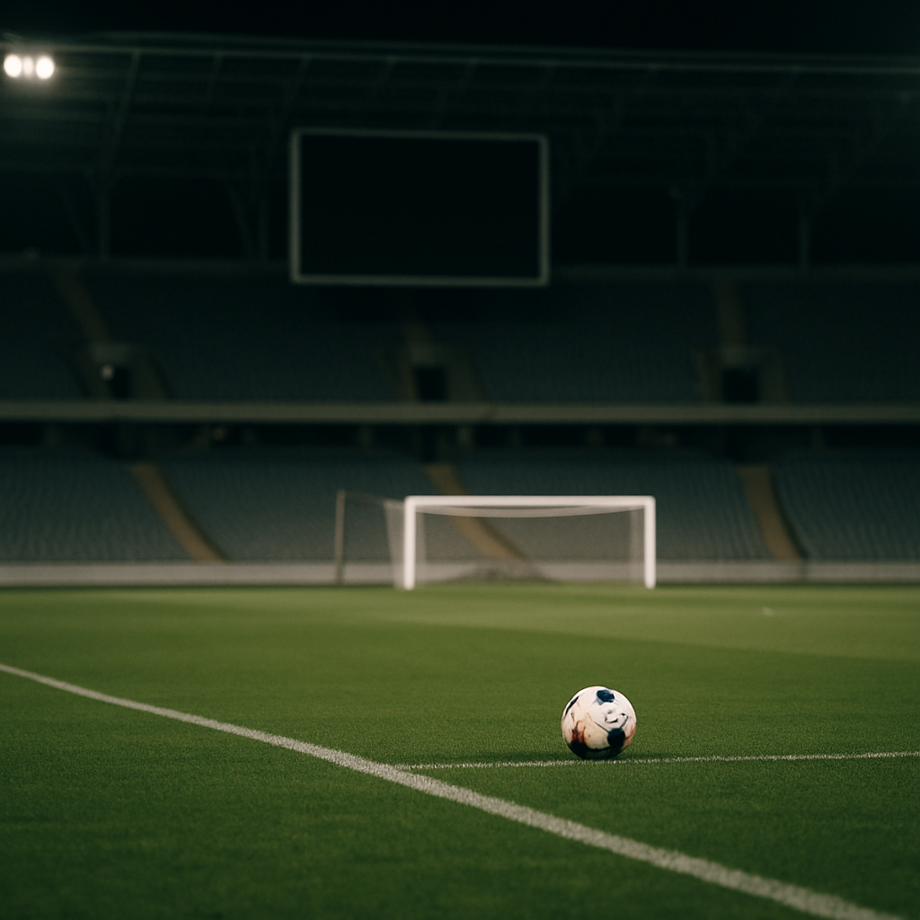 An empty football stadium with a ball on the pitch and a blank scoreboard,