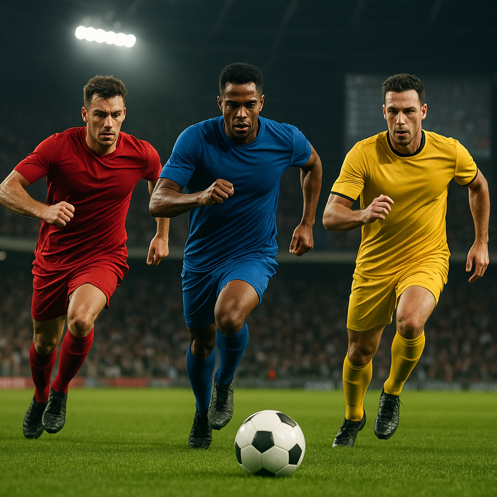 Footballers race for the ball under stadium lights, evoking the pressure and momentum of