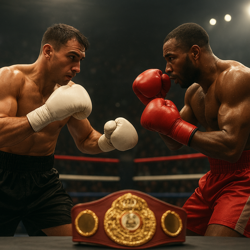 Two boxers contest distance and pressure in a championship bout as the title belt