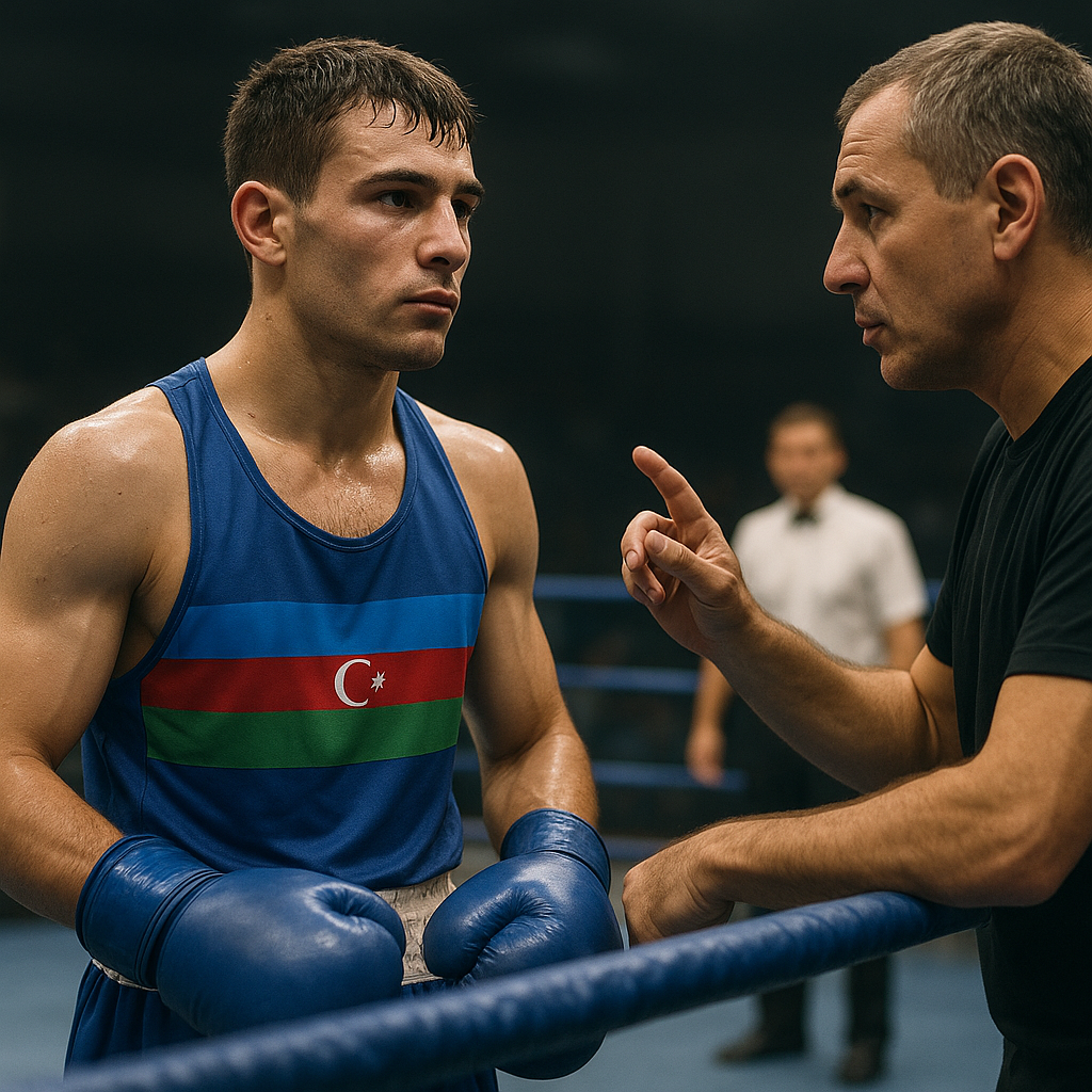 An Azerbaijani boxer listens to their coach in the ring after a hard-fought international